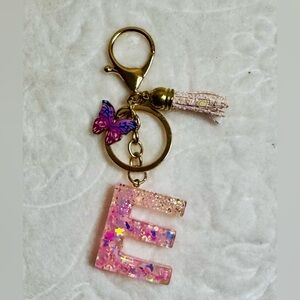 Pink Glitter Initial “E” Keychain with Butterfly Charm and Tassel